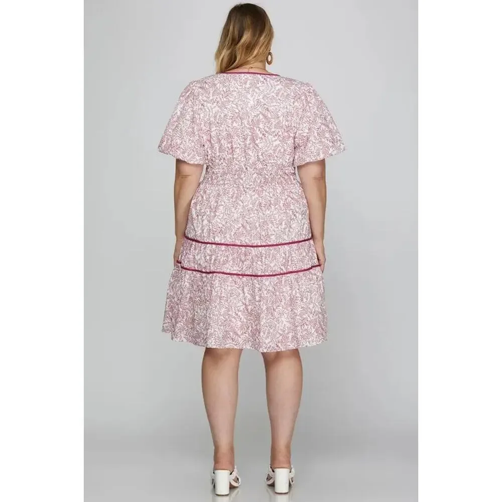 She + Sky Full Size Printed V-Neck Puff Sleeve Tiered Dress Plus Size - Picture 6 of 6